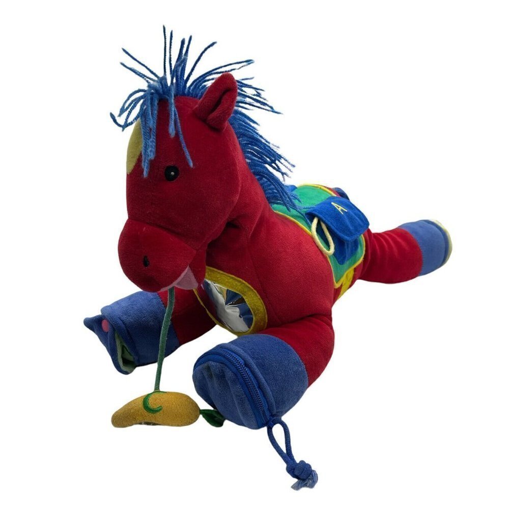 VTG Aurora Baby Red Horse Plush Activity Toy Primary Colors Blue Yarn Hair 90s